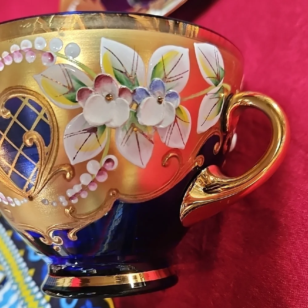 Vintage Bohemian Cobalt Blue Glass Tea Cup & Saucer Set 24K Gold High Enamel